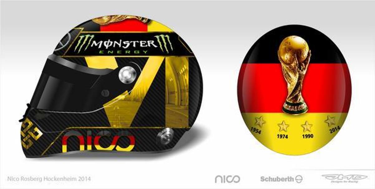 Il casco che Nico Rosberg avrebbe voluto usare nel GP di Germania. Riproduce la coppa del mondo vinta dalla Germania pochi giorni fa in Brasile